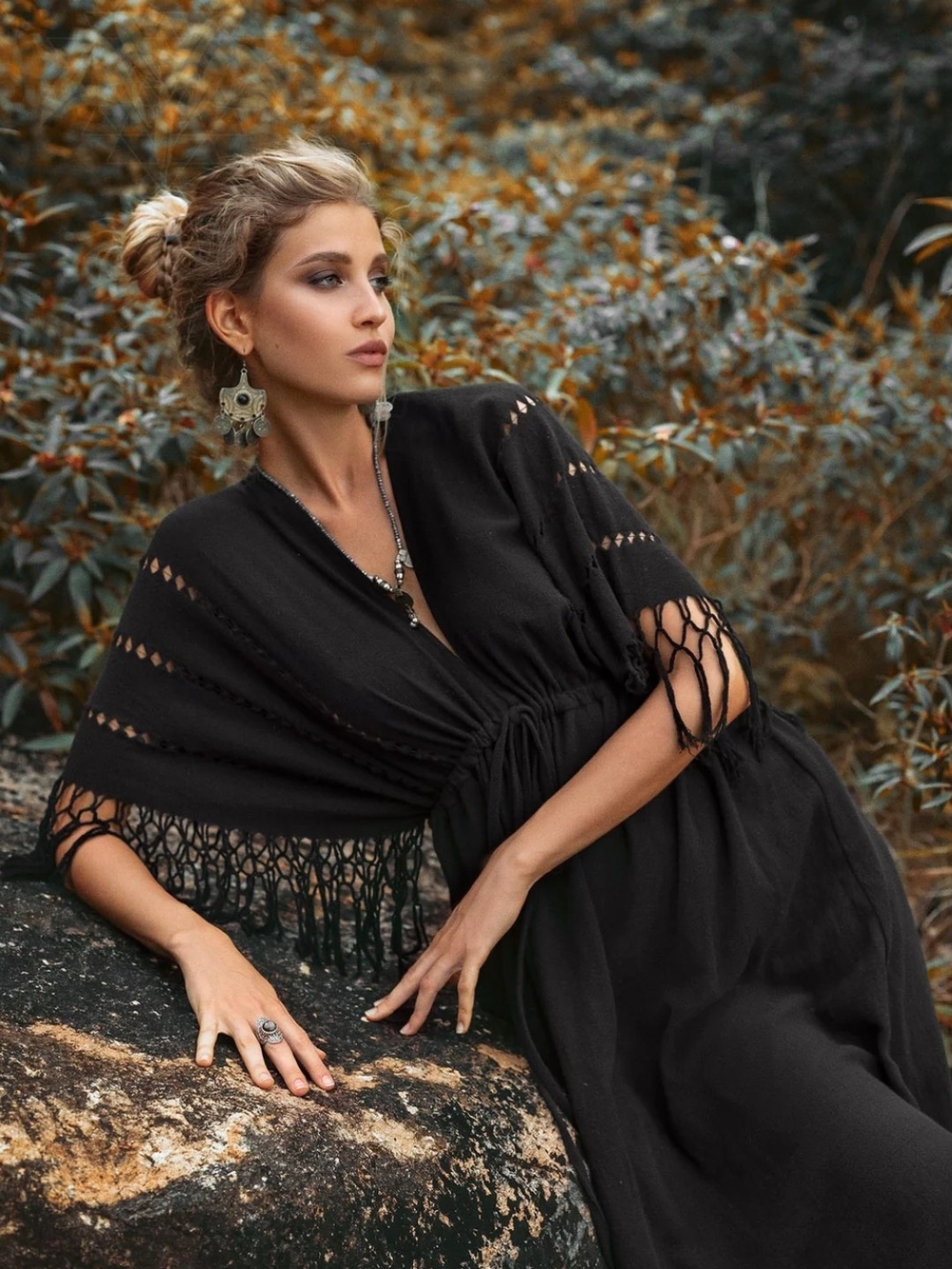 Black Maxi Dress with Fringe Detail - Women